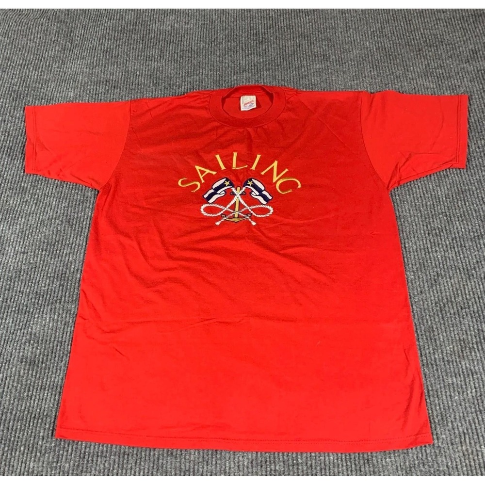 VTG Jerzees T Shirt Adult Extra Large Red Sailing Nautical Embroidered 90s Retro